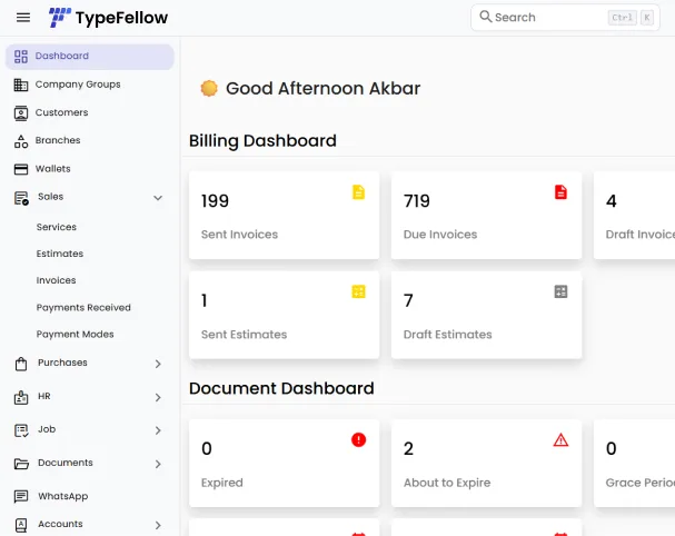 TypeFellow - Typing center software dashboard